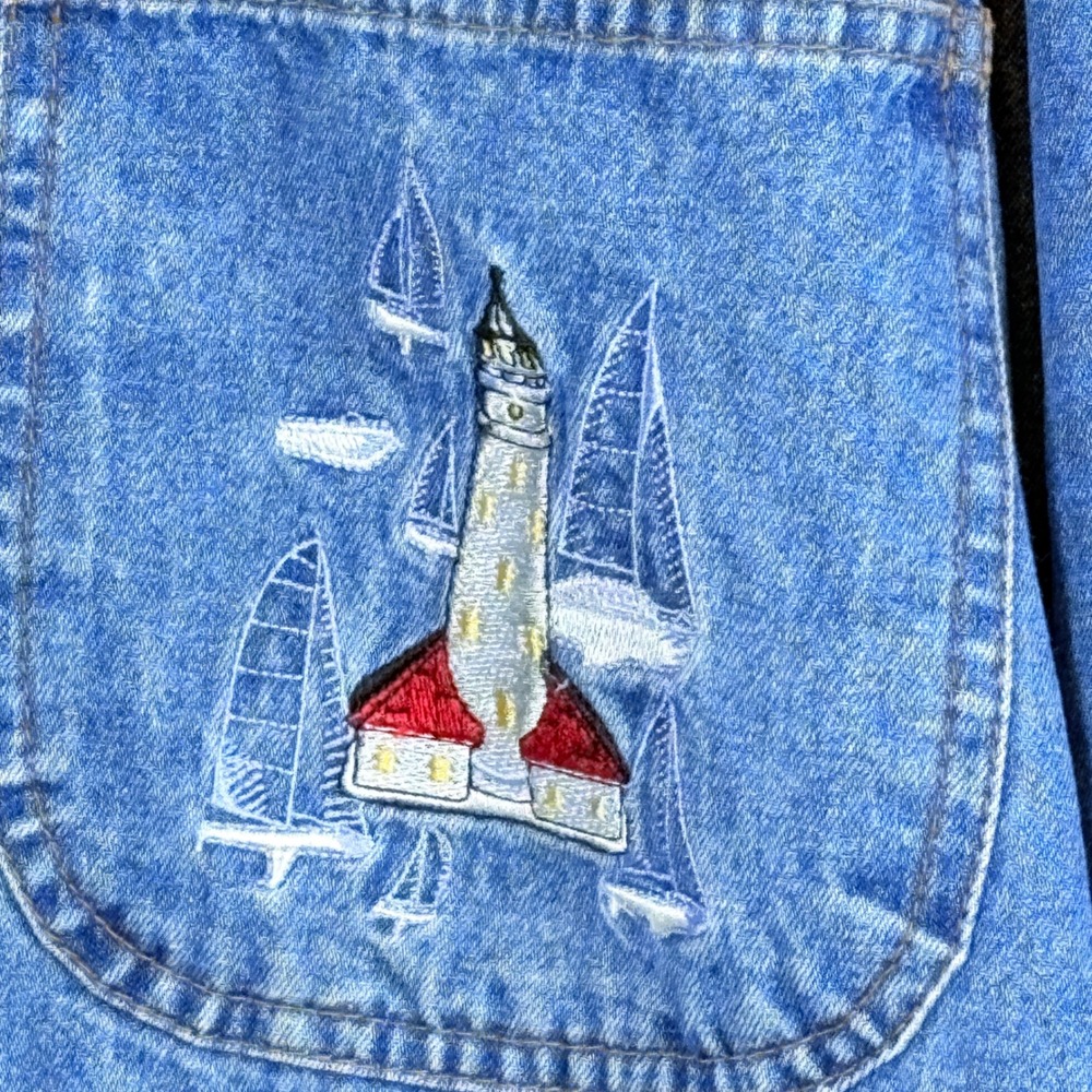 Vtg Casey Coleman Lighthouse Embroidered Denim Chore Field Barn Jacket M/L - Picture 6 of 12